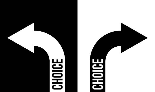 ilustrações de stock, clip art, desenhos animados e ícones de choice with two arrows, black and white vector concept - turning right