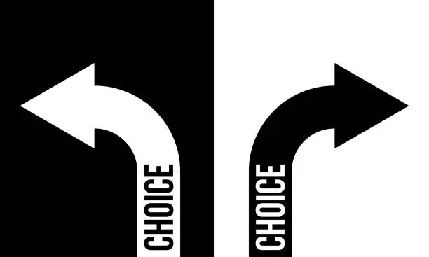 Vector illustration of choice with two arrows, black and white vector concept