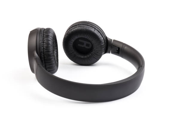 istock Black wireless headphones on white background.  Advanced acoustic stereo sound system 1225039233