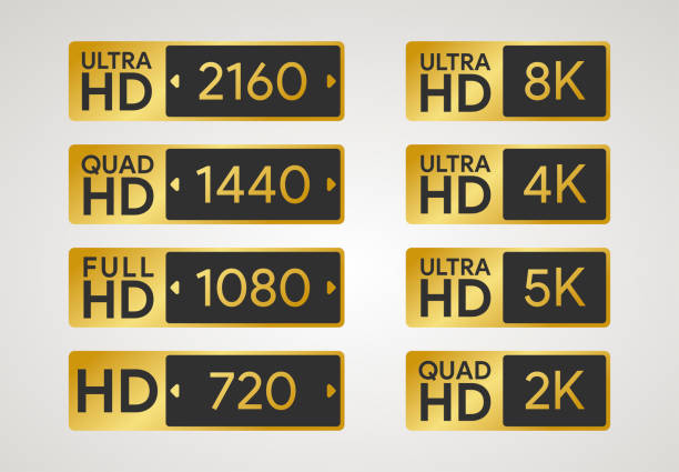 alle hd-etiketten. full, ultra, quad high definition abzeichen. 720, 1080, 1440, 2160 pixel bildauflösung des bildschirms. plasma-dimensionssymbol. 8k, 5k, 4k, 2k display. pc- und tv-verhältnis in px. vektor-illustration - hd 1080 stock-grafiken, -clipart, -cartoons und -symbole