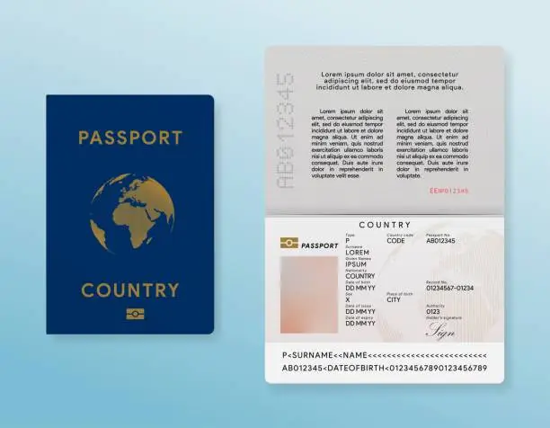 Vector illustration of International passport template. Traveler id card mock up. Personal data document. Foreigner pass. Realistic identity page. Vector illustration.
