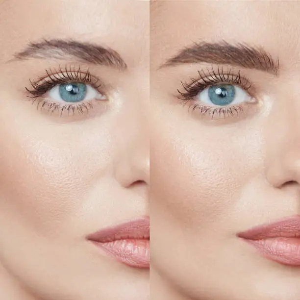 Beauty. Close Up Woman’s Eyebrows Before And After Correction. Difference Between Female Face With And Without Permanent Makeup.