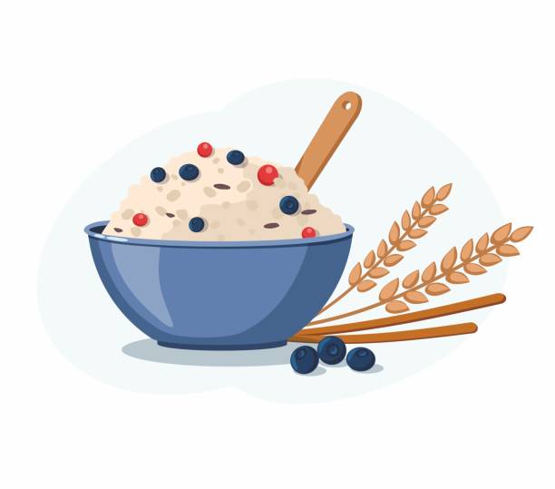 illustrations, cliparts, dessins animés et icônes de bouillie de farine d’avoine avec myrtille dans un bol en céramique. nourriture saine. petit déjeuner. - oatmeal