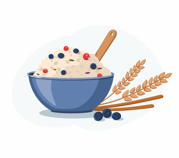 세라믹 그릇에 블루베리를 넣은 오트밀 죽. 건강한 음식. 아침 식사. - oatmeal stock illustrations