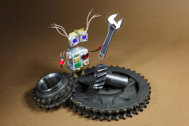 Funny robot mechanic or serviceman with hand wrench and gears.