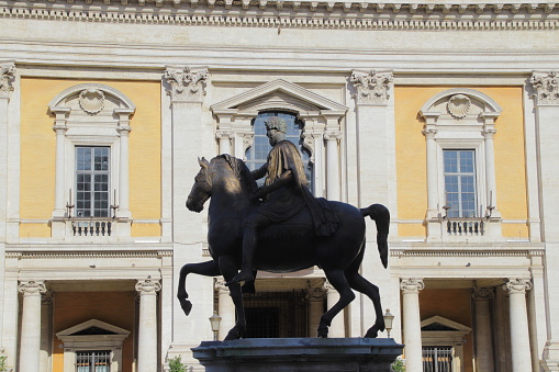 Rome, Italy - November 22, 2019: Roman equestrian statue on the Capitoline Hill on sunny day.
