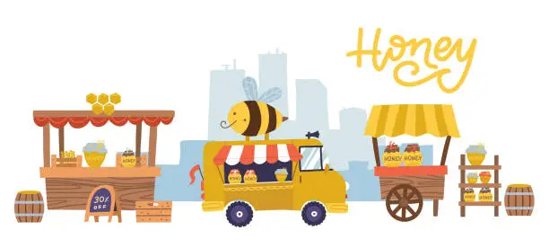 Vector illustration of Sweet honey food market with many stalls and counters, showcases. Rural apiary healthy nutrition, agronom at shop or store for retail beehive products. Beekeeping theme. Vector flat illustration