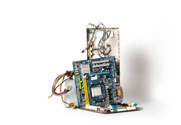 Various computer parts and electronic waste isolated on white