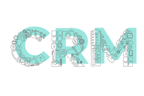 wektor twórczej ilustracji crm literowanie tekstu typografii z ikonami linii na białym tle. koncepcja zarządzania relacjami z klientami. - togetherness web page organization symbol stock illustrations