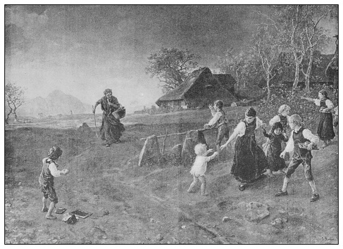 Antique famous painting from the 19th century: The village witch by Ludwig Knaus