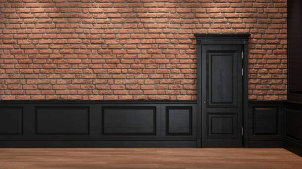 istock Loft interior with brick wall, panels and door. 3d render illustration mockup. 1225049559