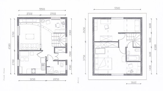 Architectural plan of a small house in two floors with dimensions on the drawing. Project on paper top view