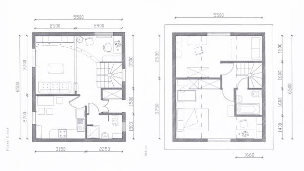 Architectural floor plan of a small house with dimensions on the drawing Architectural plan of a small house in two floors with dimensions on the drawing. Project on paper top view floor plan blueprint stock pictures, royalty-free photos & images