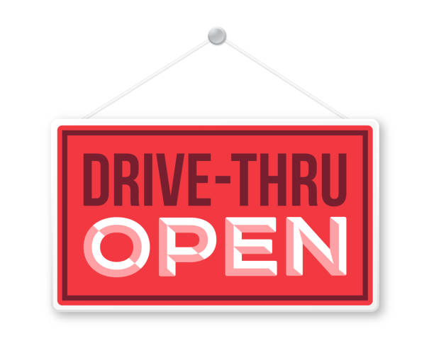 illustrazioni stock, clip art, cartoni animati e icone di tendenza di drive-thru open sign - drive in