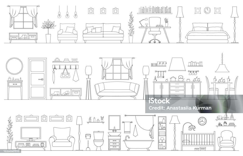 Set Of Linear Interiors Vector Illustration Panorama From Various Rooms ...