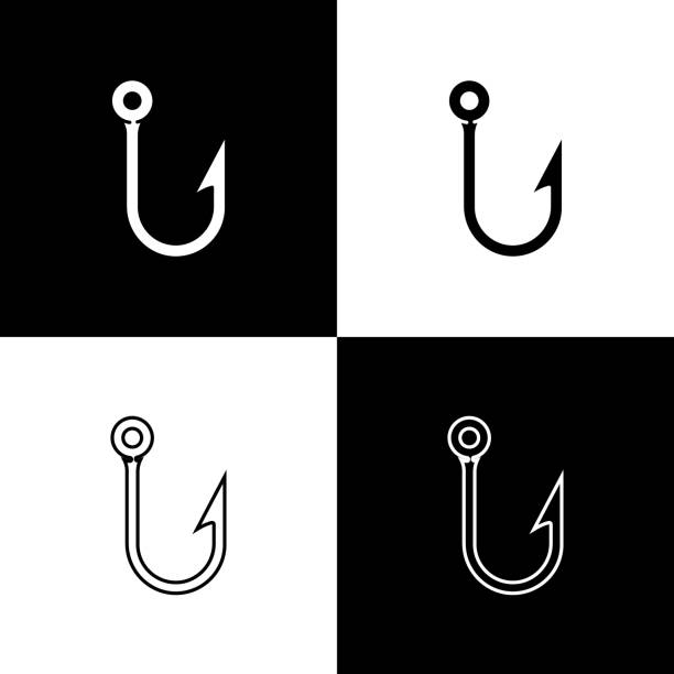 Set Fishing hook icon isolated on black and white background. Fishing tackle. Vector Illustration Set Fishing hook icon isolated on black and white background. Fishing tackle. Vector Illustration barb feather part stock illustrations