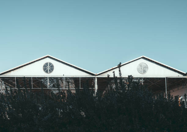 dois telhados metálicos triangulares e céu - warehouse corrugated two dimensional shape distribution warehouse - fotografias e filmes do acervo