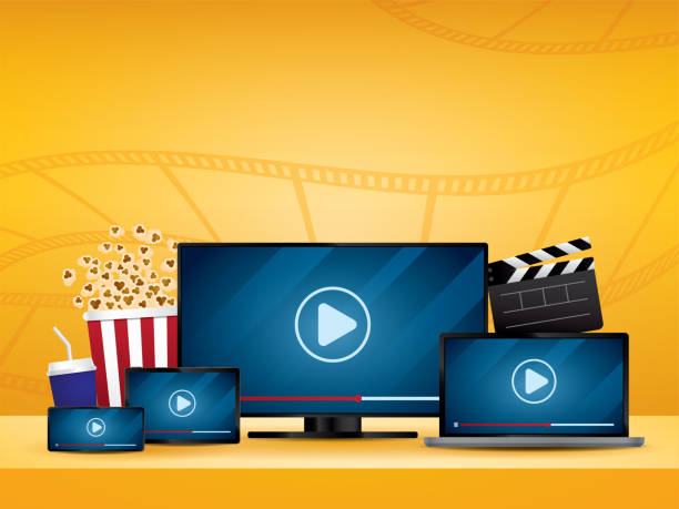 illustrazioni stock, clip art, cartoni animati e icone di tendenza di vettore di illustrazione di film in streaming. - ipad television digital tablet connection