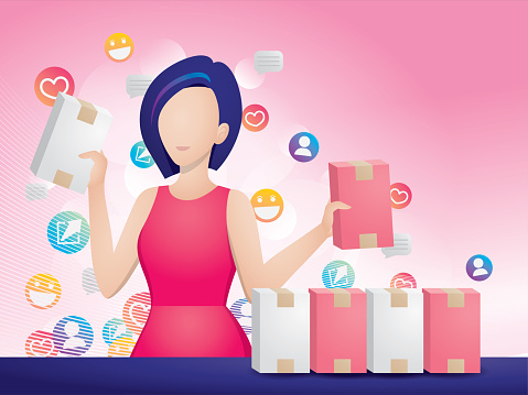 Woman is presenting the products on social media illustration vector.