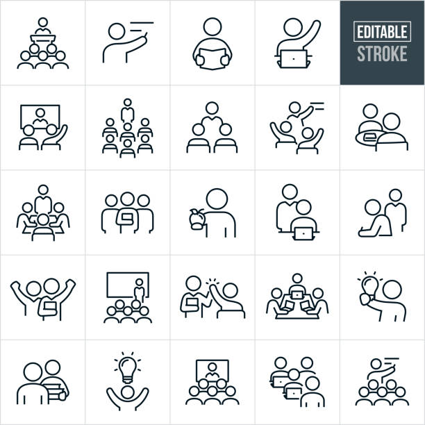 A set of teacher and students icons that include editable strokes or outlines using the EPS vector file. The icons include a professor giving lecture from podium to a group of students, teacher pointing to blackboard, student reading a book, student with raised hand siting at laptop, students watching a video conference, an educator lecturing a group of students, two students studying together, study group, students at table with teacher, three professors, student taking test, professor giving presentation in front of screen, instructor giving a high five to a student, three students at a table with laptops, student holding a lightbulb, students watching a videoconference and other related icons.