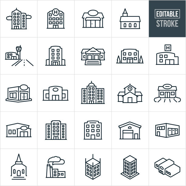 gebäude dünne liniensymbole - bearbeitbarer strich - building stock-grafiken, -clipart, -cartoons und -symbole