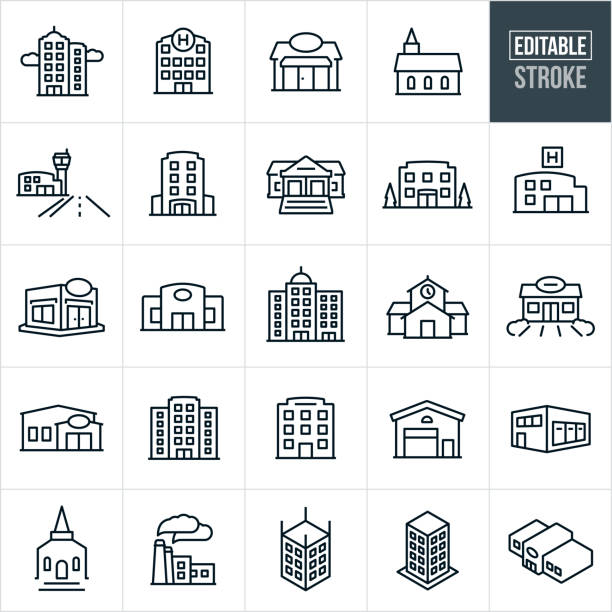 иконки тонкой линии зданий - редактируемый ход - строительная отрасль stock illustrations