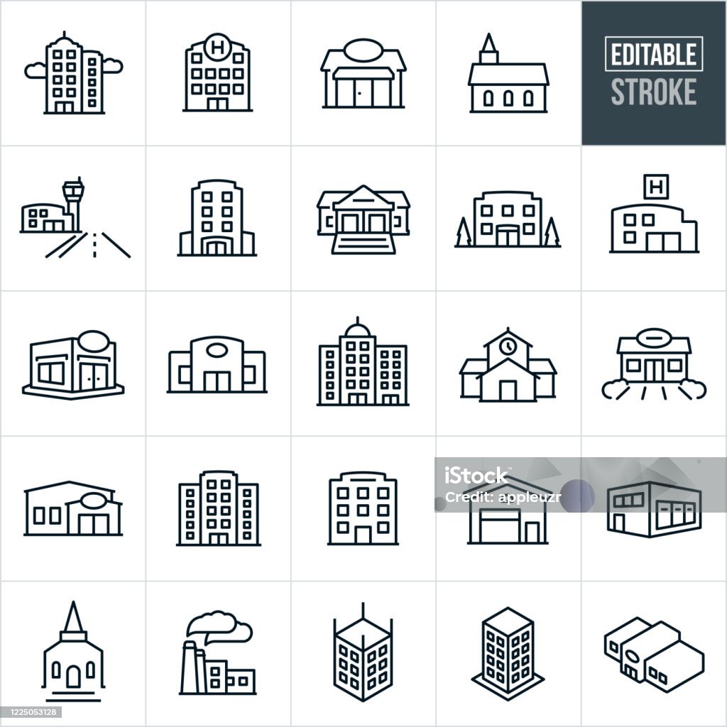 Buildings Thin Line Icons - Editable Stroke A set of buildings icons that include editable strokes or outlines using the EPS vector file. The icons include a high rise business building, skyscraper, hospital building, general store, church building, airport, hotel, bank, business building, health clinic, restaurant, retail store, school building, gas station, credit union, city building, corporate building, warehouse, factory and additional buildings. Icon stock vector