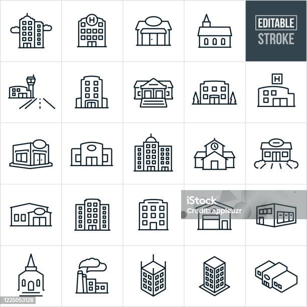 Buildings Thin Line Icons Editable Stroke Stock Illustration - Download Image Now - Icon, Building Exterior, Construction Industry