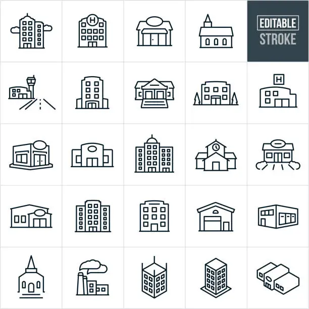 Vector illustration of Buildings Thin Line Icons - Editable Stroke