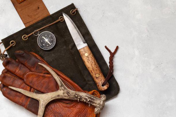 istock bushcraft knife and leather equipment 1225053131