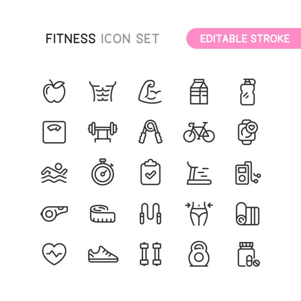 ilustraciones, imágenes clip art, dibujos animados e iconos de stock de fitness & workout outline iconos editables stoke - fitness
