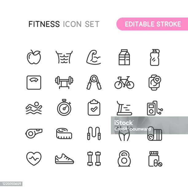 Fitness Workout Outline Icons Editable Stoke - Arte vetorial de stock e mais imagens de Ícone - Ícone, Estilo de vida saudável, Alimentação Saudável
