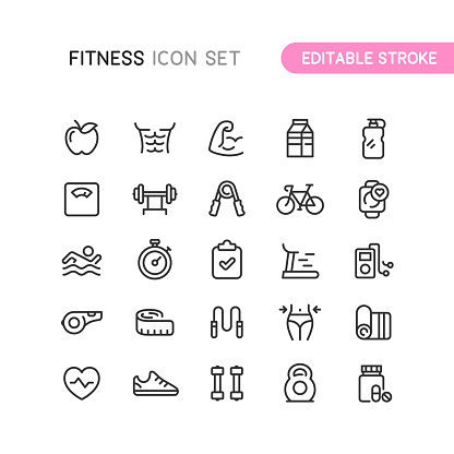 Set of fitness and workout outline icons. Editable stroke.