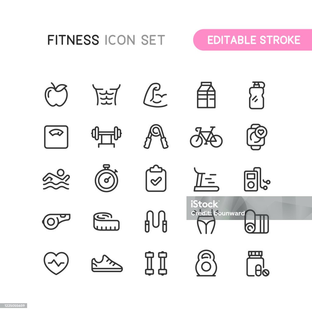 Fitness & Workout Outline Icons Editable Stoke Set of fitness and workout outline icons. Editable stroke. Icon stock vector