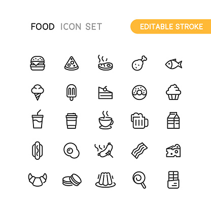 Set of food and drink outline vector icons. Editable stroke.