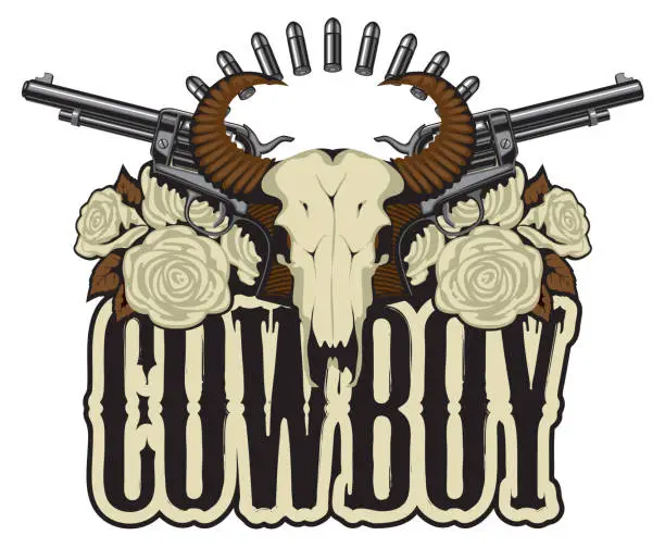 Vector illustration of banner with two old revolvers skull and roses