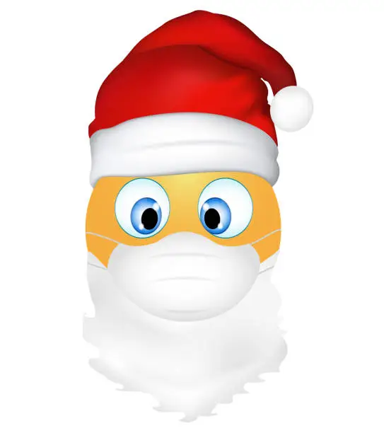 Vector illustration of Emoji emoticon cute Santa Claus wearing medical mask. 3d illustration. Funny emoticon. Coronavirus outbreak protection concept. Merry Christmas. Three-dimensional. Isolated