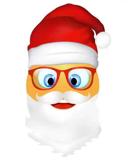 Vector illustration of Emoji emoticon cute Santa Claus with mustache beard and glasses. 3d illustration. Funny emoticon. Merry Christmas and happy new year greetings.Three-dimensional. Holiday icons. Isolated