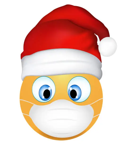 Vector illustration of Emoji emoticon cute Santa Claus wearing medical mask. 3d illustration. Funny emoticon. Coronavirus outbreak protection concept. Merry Christmas. Three-dimensional. Isolated