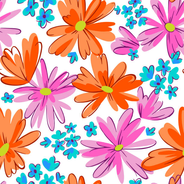 nahtloses muster mit gänseblümchen. gemischte kleine und große blühende blumenköpfe ornament. heller sommer botanischen hintergrund in modernem flachdesign. - seamless pattern leaf cute stock-grafiken, -clipart, -cartoons und -symbole