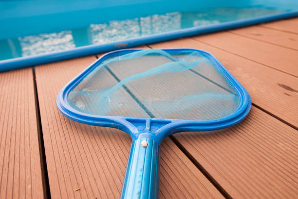 istock Hand sieves / net for grime / disrt by the pool, maintenance 1225058178