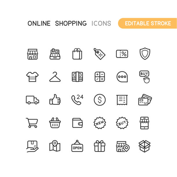 ilustraciones, imágenes clip art, dibujos animados e iconos de stock de esquema iconos de compras en línea trazo editable - caja de seguridad