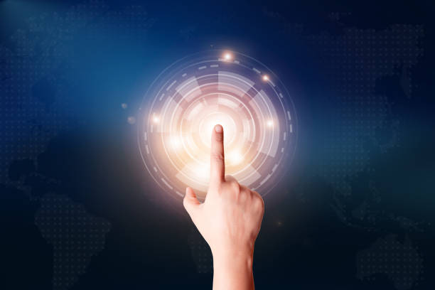 istock Businesswoman pressing button on touch screen 1225058507