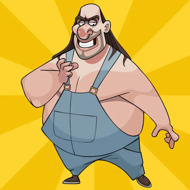 Vector illustration of fat cartoon smiling man with long hair in overalls