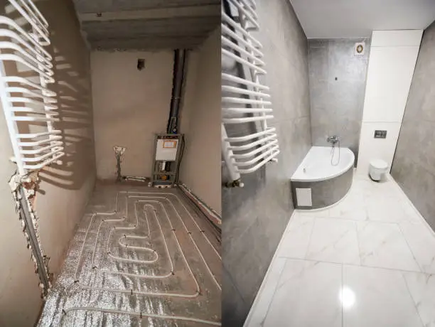 Comparison of bathroom in apartment before and after renovation. Interior of a modern bathroom in grey tones, white tiles on warm floor and ladder radiator on wall vs empty unfinished walls