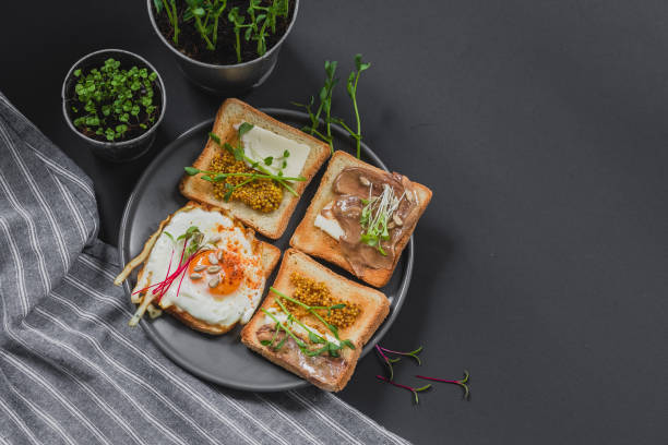 istock Variety of sandwiches for breakfast, snack, appetizers with fried egg, peanut paste, pea microgreen. Flat lay, top view 1225062125