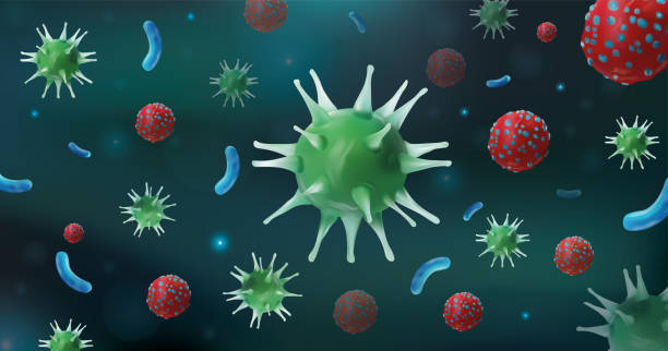 abstrakte viren und mikroben. infektionsgrippe. gefahr, die einem lebenden organismus schaden. covid-19-pandemievirus. krankheit. mikroskopische ansicht. epidemiegrippe. 3d-illustration. - bacterium virus micro organism microscope stock-grafiken, -clipart, -cartoons und -symbole