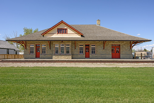 Old sandstone train station at Claresholm, Canada