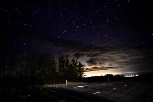 istock Night sky with stars and trees, field and road 1225067087