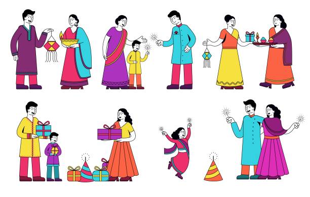 illustrations, cliparts, dessins animés et icônes de ensemble de scènes colorées de famille de l’inde - diwali illustrations